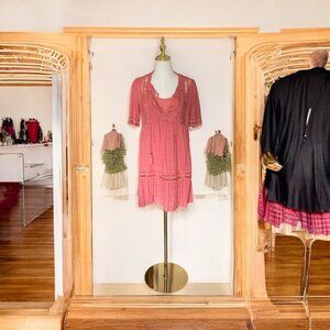 Knox Rose Women's Coral Boho Dress Slip Lined Smocked Waist Tassels Crochet S